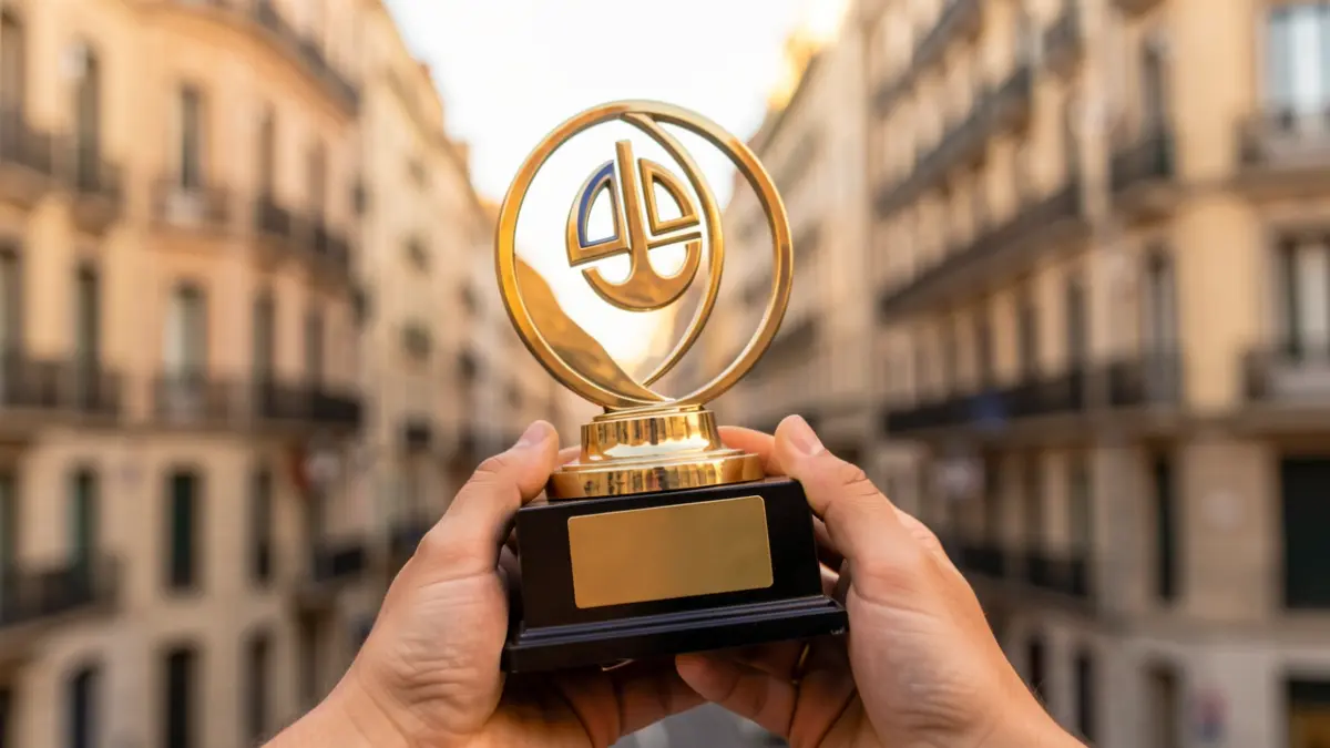 Imagen genérica de un trofeo de premio sostenido por una mano con un fondo desenfocado de edificios de oficinas en Madrid.