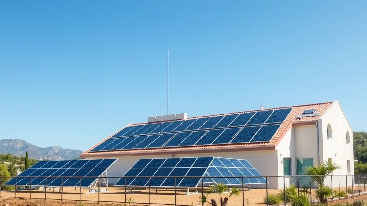Solar panels installed on a rooftop and on the ground for energy self-consumption.