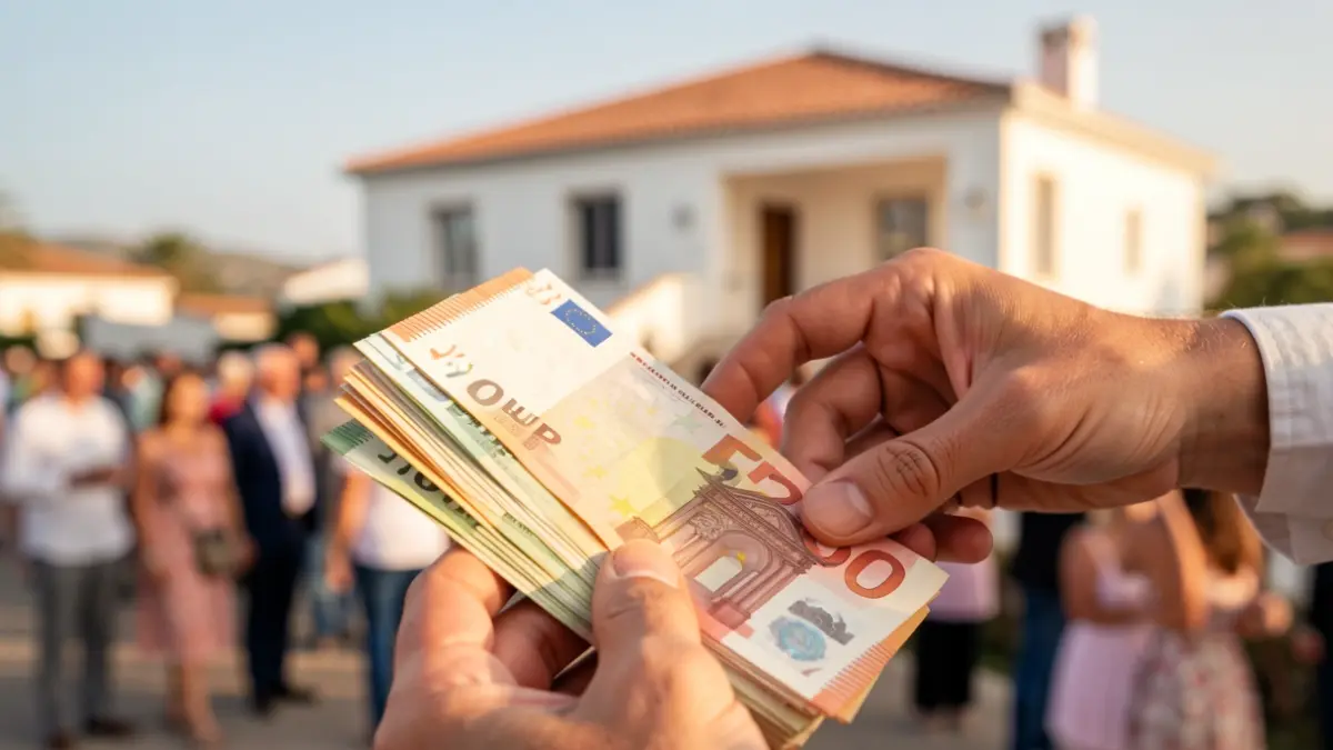 Imagen genérica de manos contando dinero con una casa desenfocada al fondo.