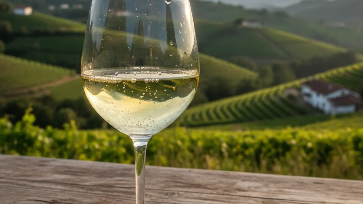 Generic image of txakoli wine with vineyards in the background.