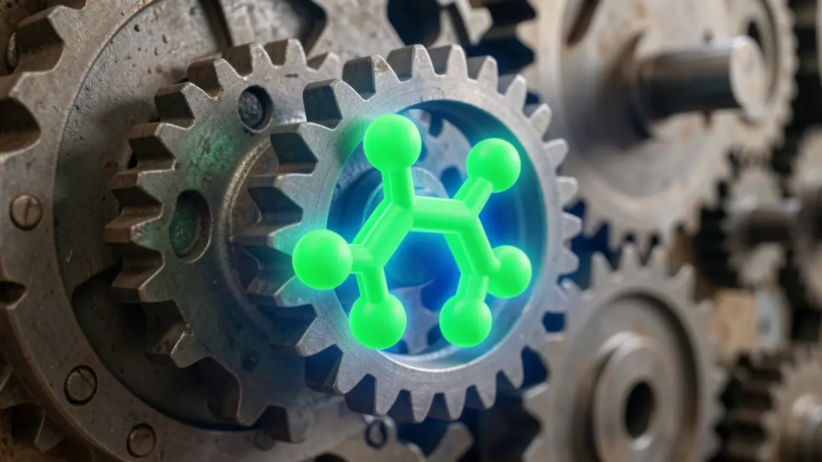 Green hydrogen symbol integrated with industrial gears.