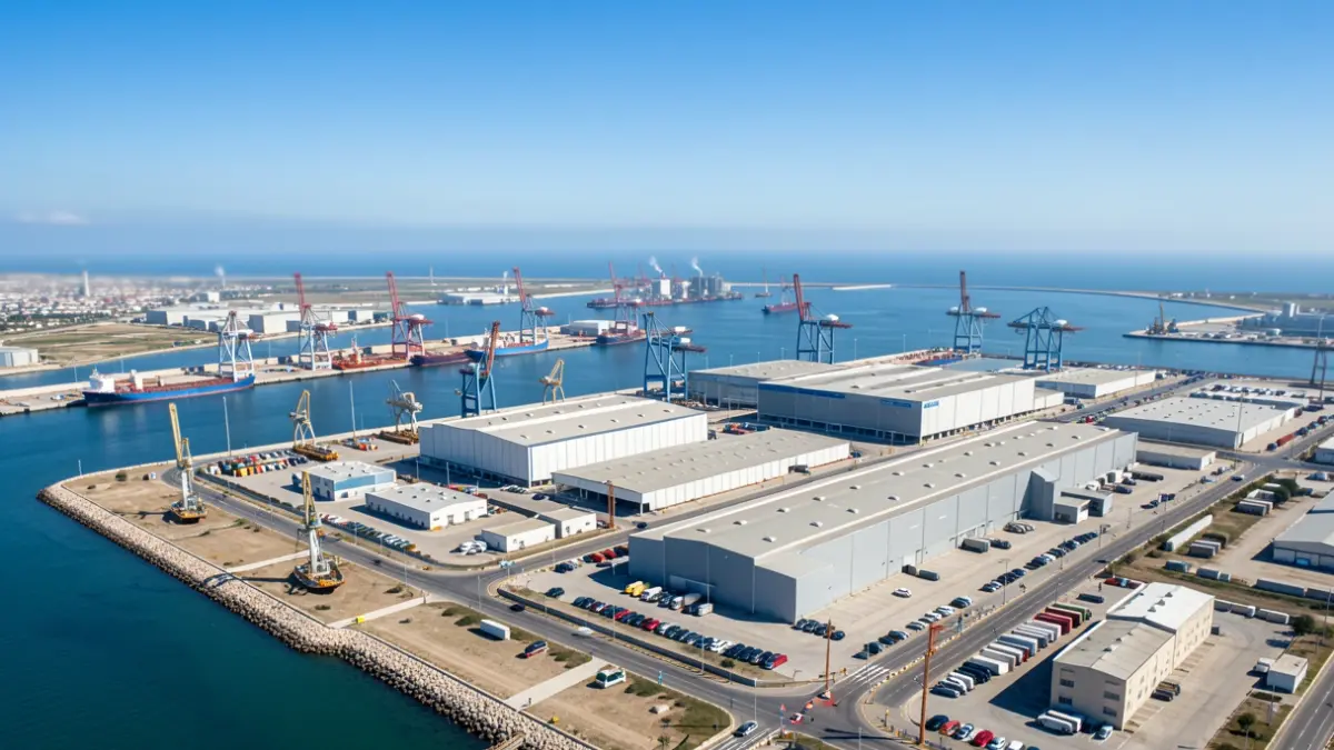 Aerial view of industrial facilities and port infrastructure in the Bay of Cádiz.