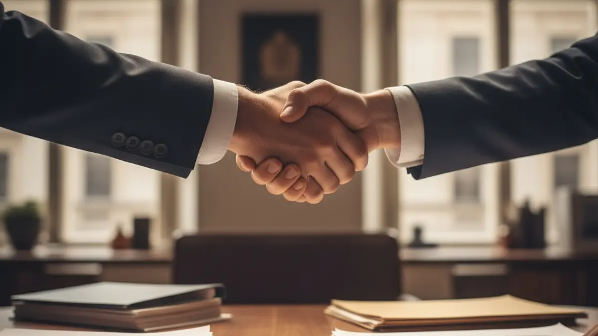 Imagen genérica de manos estrechándose en una mesa de oficina, simbolizando colaboración empresarial.