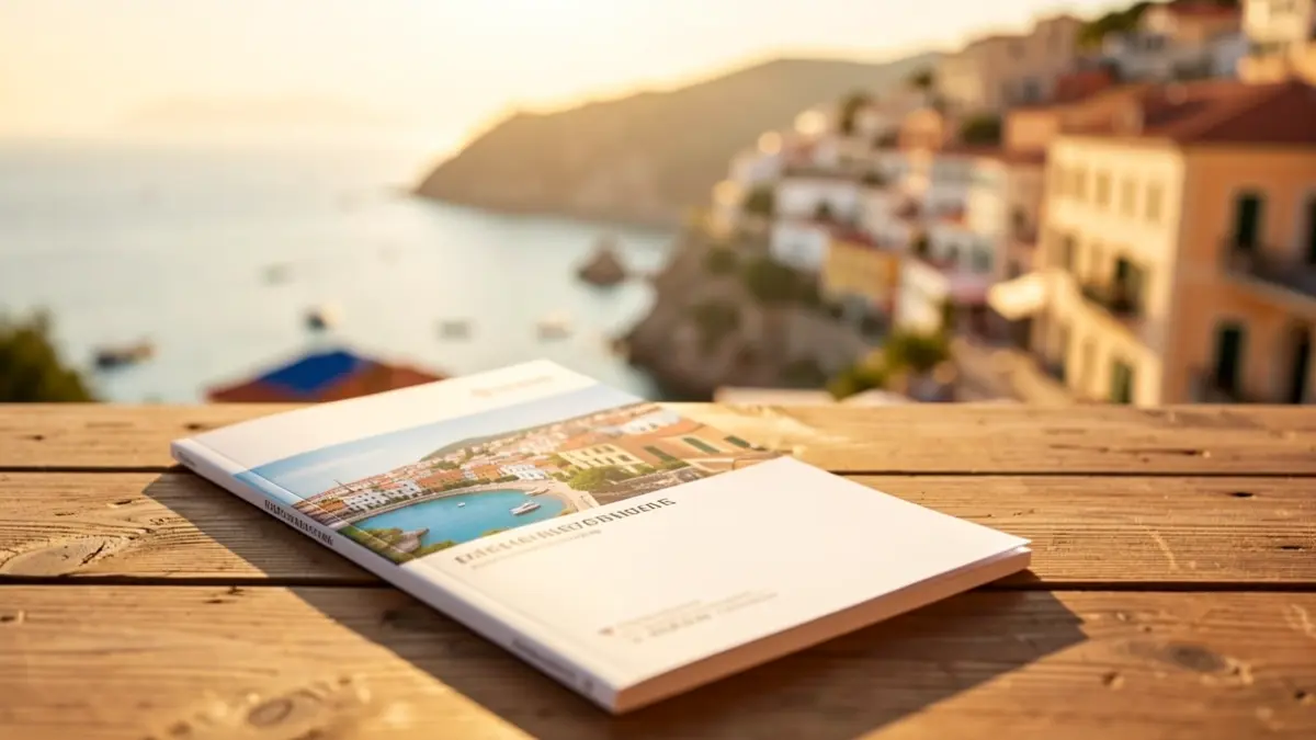 Generic image of travel brochures on a table with views of a Mediterranean city.