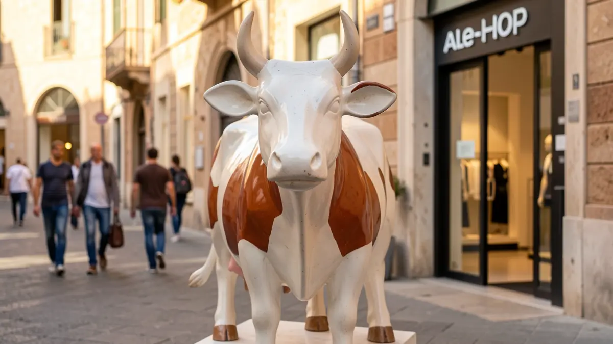 Imagen genérica de la vaca icónica de Ale-Hop en la entrada de una tienda.