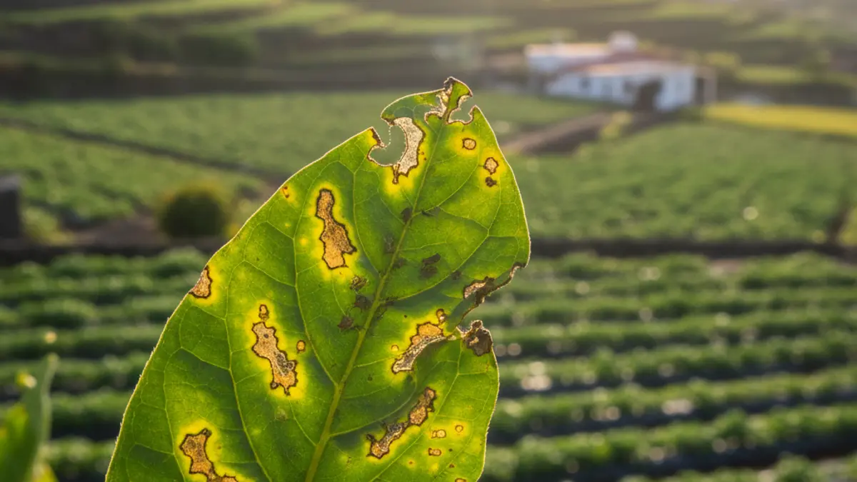 Imagen de una hoja de plátano afectada por plagas, con un campo de cultivo borroso al fondo.
