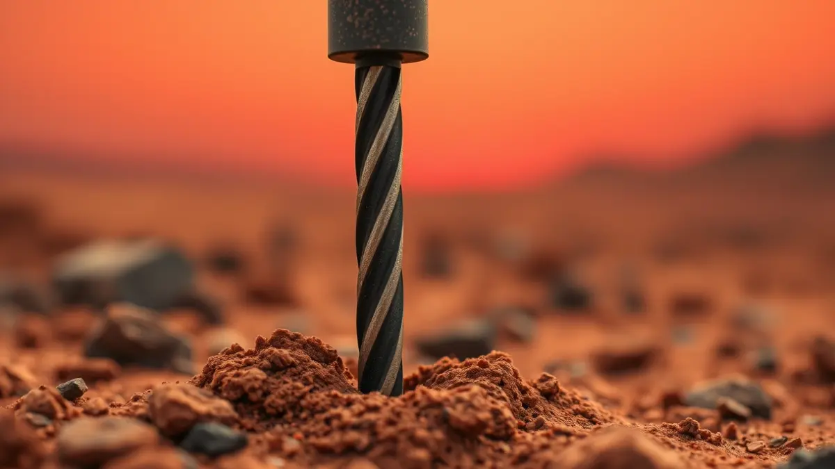 Imagen de un taladro geológico perforando suelo rojizo, con un paisaje marciano de fondo.