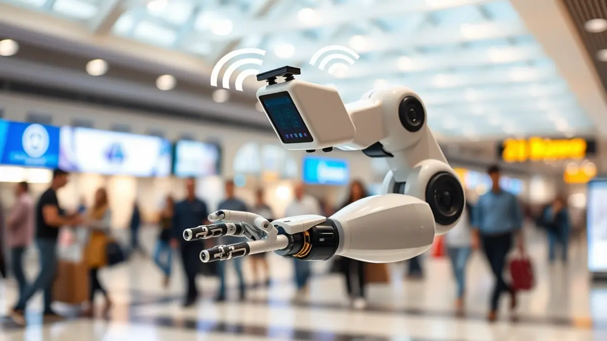 Imaxe xenérica dun brazo robótico móbil detectando redes WiFi.