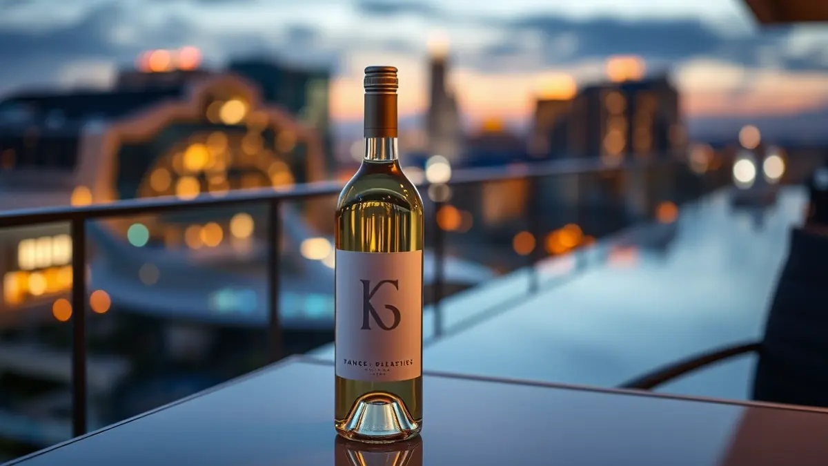 Una elegante botella de vino blanco en una terraza de hotel, con las luces de la ciudad difuminadas al fondo.