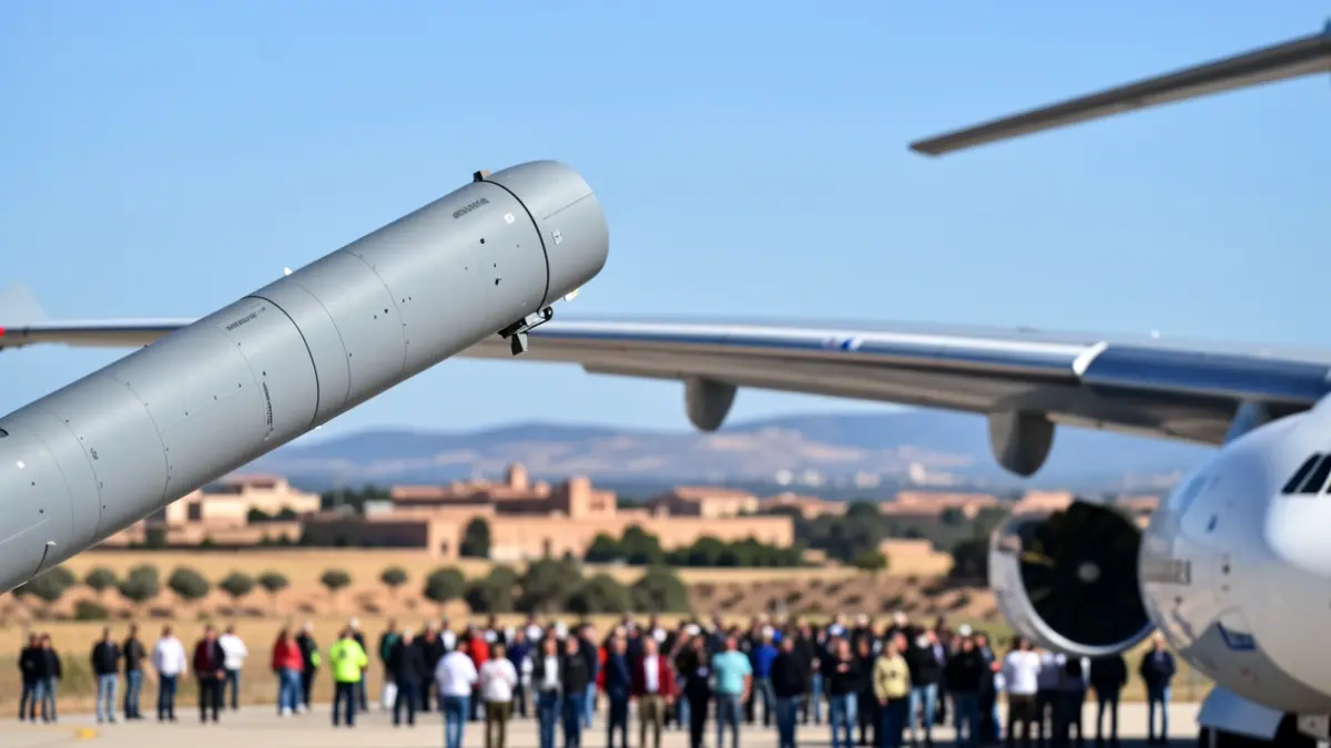Close-up of an Airbus A330 MRTT tanker aircraft's refueling boom with a blurred Andalusian landscape in the background.