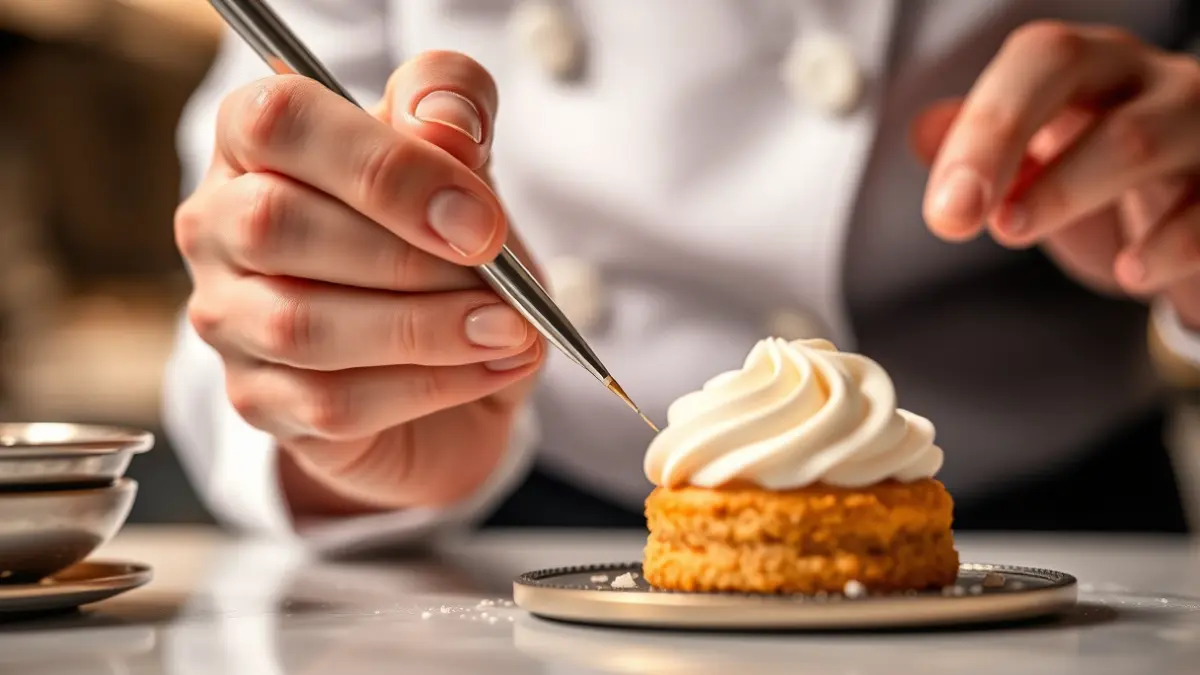 Generic image of hands decorating a dessert with precision.