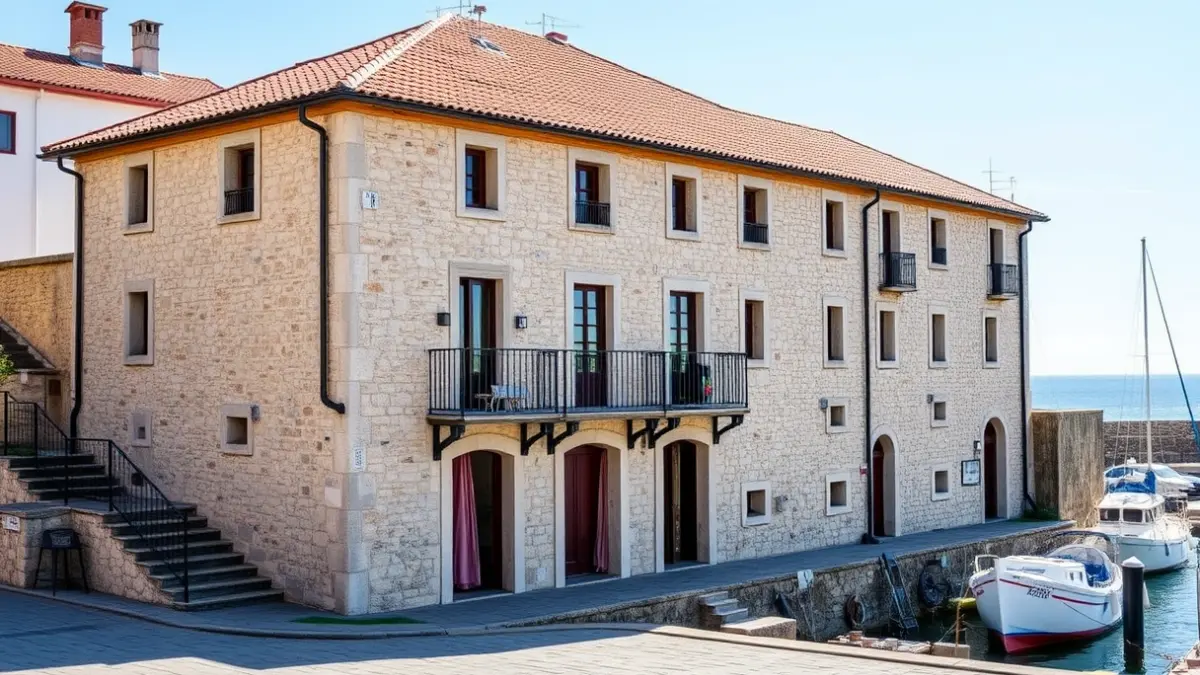 Imagen del exterior de Casa do Tella e Rosalía en Portosín, un antiguo edificio de salazón reconvertido en hotel.