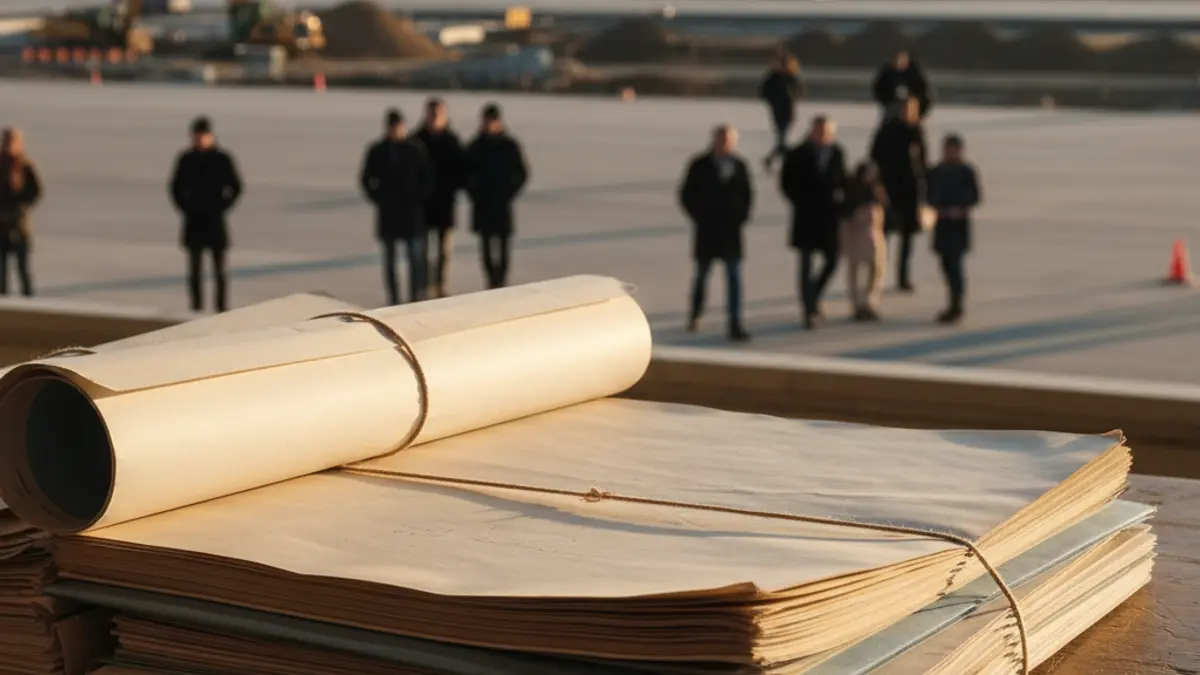 Documentos oficiales sobre un ERTE con una pista de aeropuerto en obras de fondo.