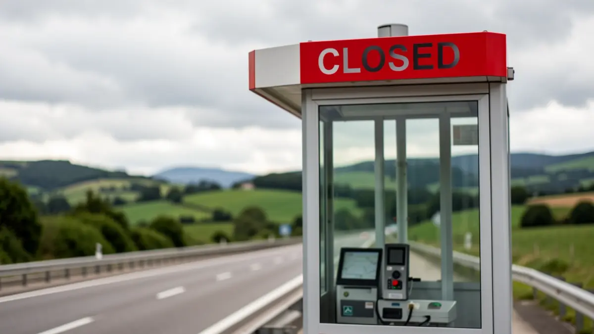 Generic image: AP-68 highway toll booth closed, with a blurred Basque Country landscape in the background.