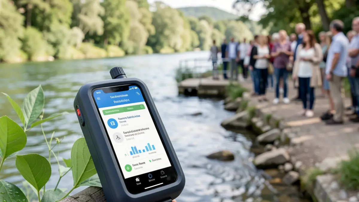 Imagen de un dispositivo portátil de análisis de agua conectado a un teléfono móvil.