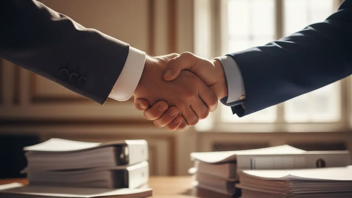 Imagen genérica: Dos manos estrechándose formalmente sobre un escritorio, representando colaboración empresarial.
