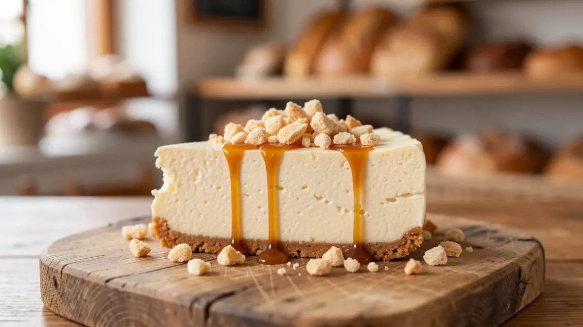 Slice of cheesecake with crunchy snack pieces and salted caramel.