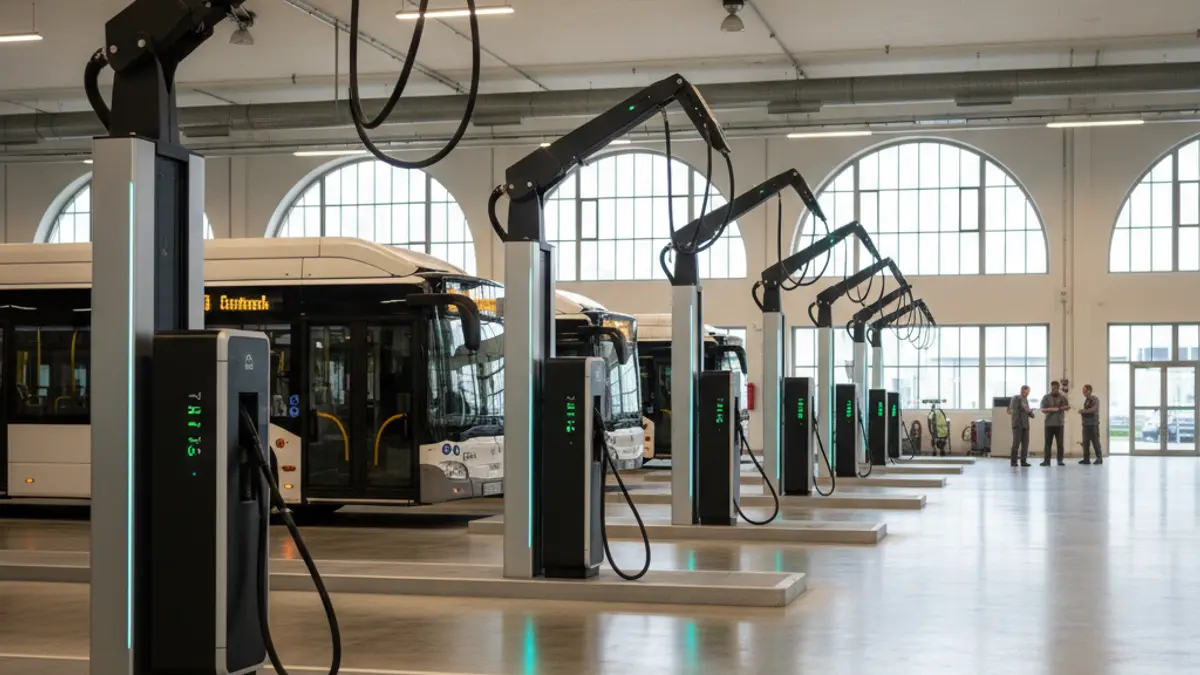 Imagen genérica de una estación de carga para autobuses eléctricos en un depósito.