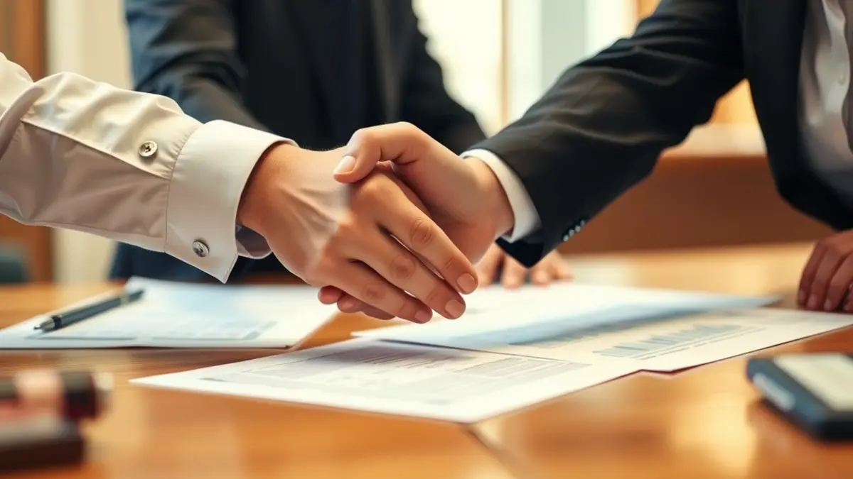 Imaxe xenérica de dúas mans estreitándose sobre un escritorio, simbolizando asesoramento empresarial.