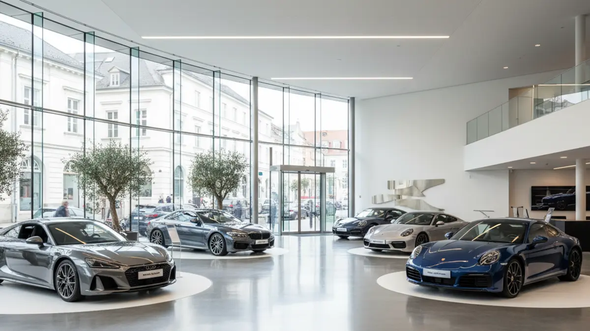 Generic image of a modern car dealership showroom with new vehicles on display.