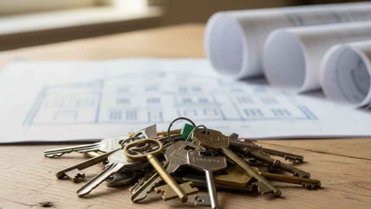 Generic image of house keys on a table, with blurred architectural blueprints in the background.