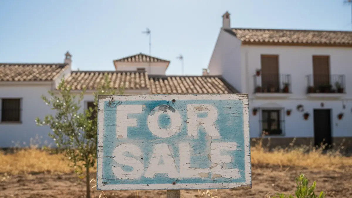 Image of a 'For Sale' sign with residential buildings in the background, symbolizing the difficulty in the housing market.