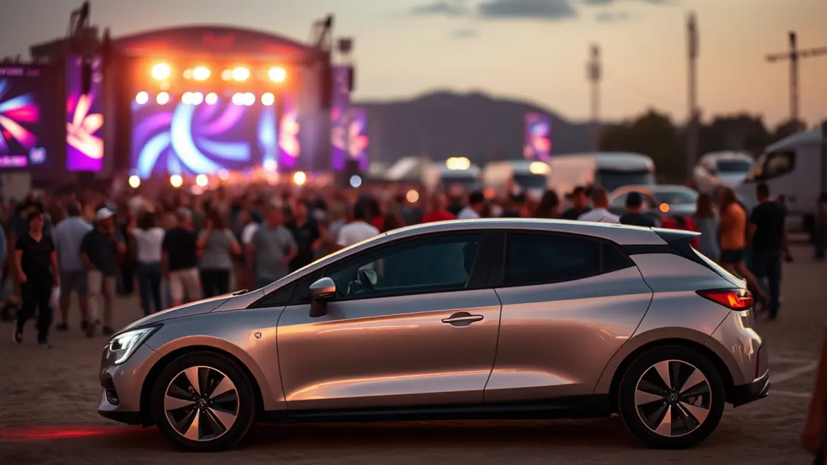 Image of a modern car at a festival, with people and lights in the background.