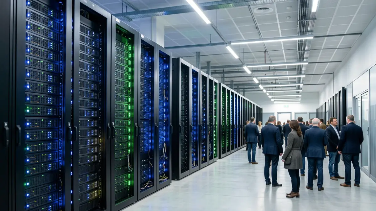 Imagen genérica de un centro de datos moderno con filas de servidores y luces LED.