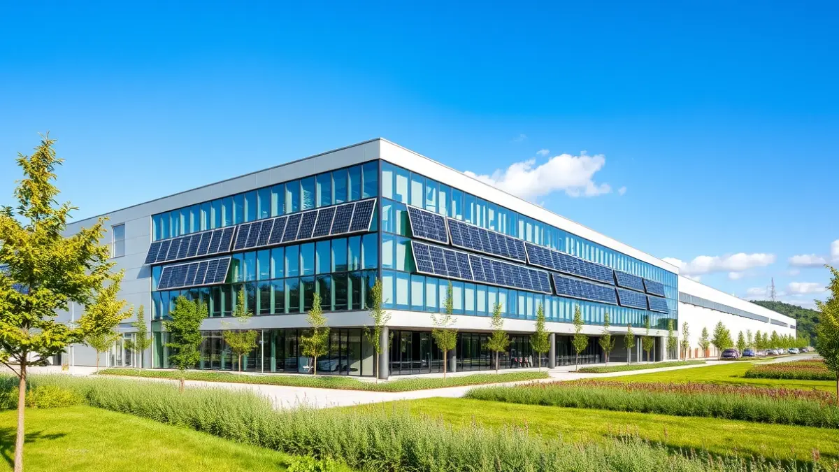 Imagen genérica del nuevo edificio empresarial en el polígono de Erisono en Eibar, con paneles solares y diseño moderno.