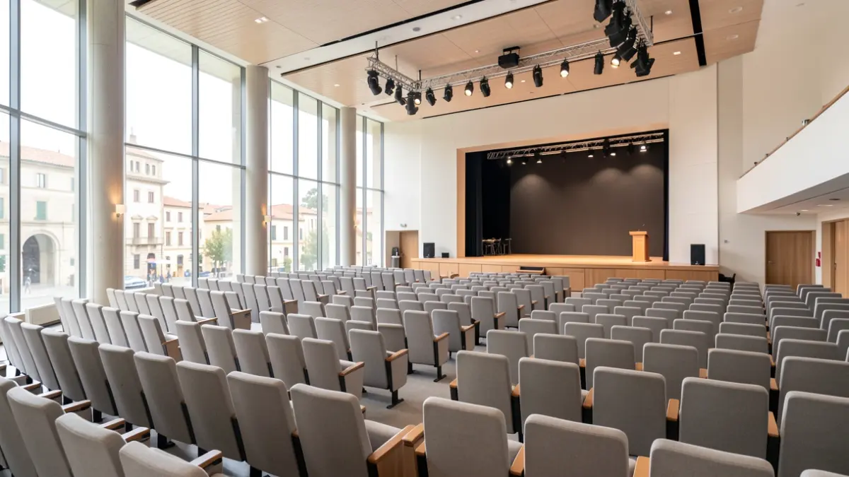Imagen genérica de un centro de convenciones moderno con una sala de actos vacía.