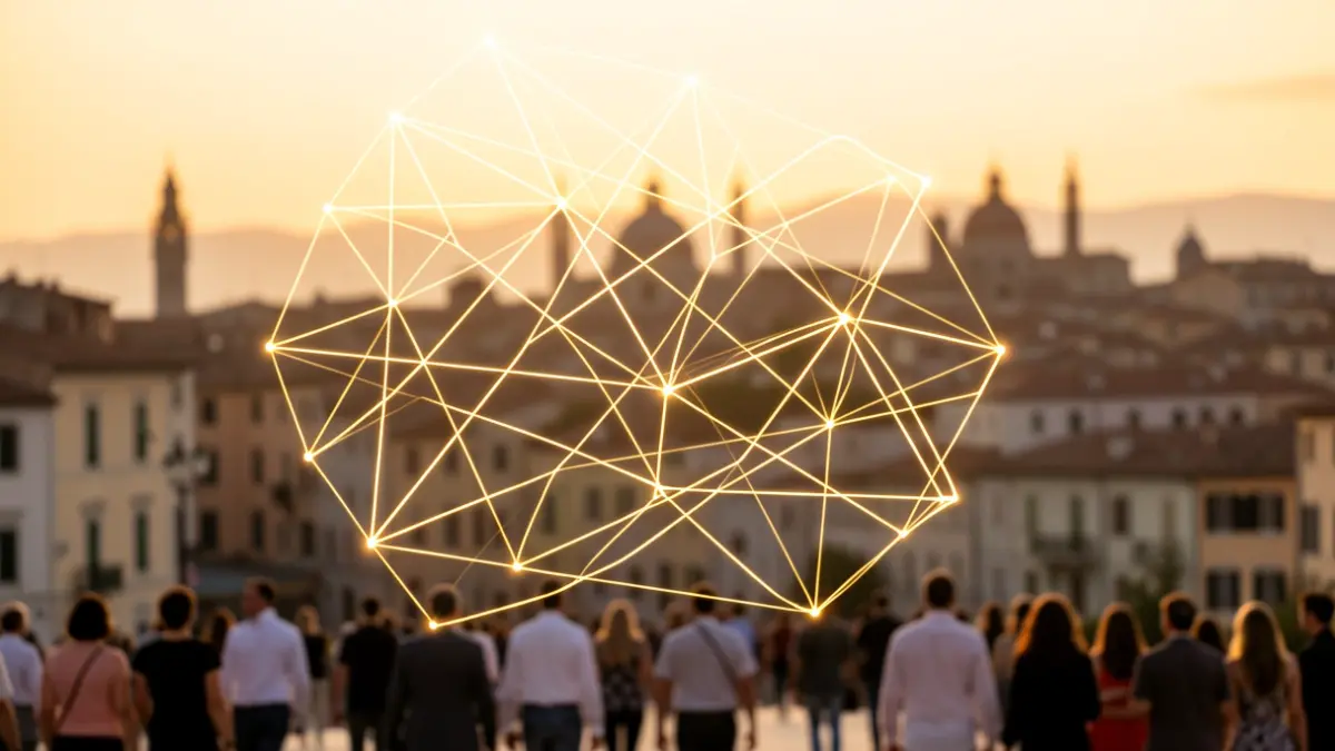 Generic image of talent and investment networks over an urban silhouette.