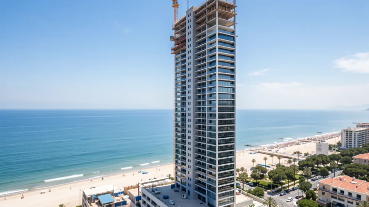 Imagen genérica de un rascacielos residencial en construcción en la costa mediterránea.