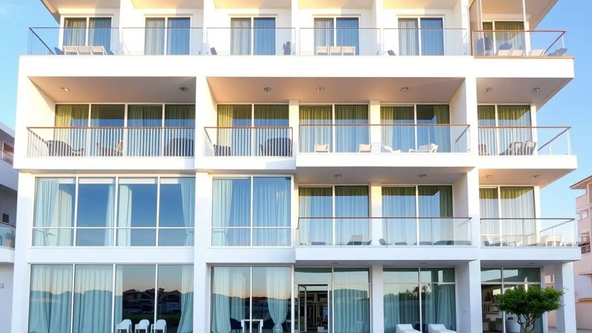 Imagen de un hotel moderno con fachada renovada en una zona costera de la Comunidad Valenciana.