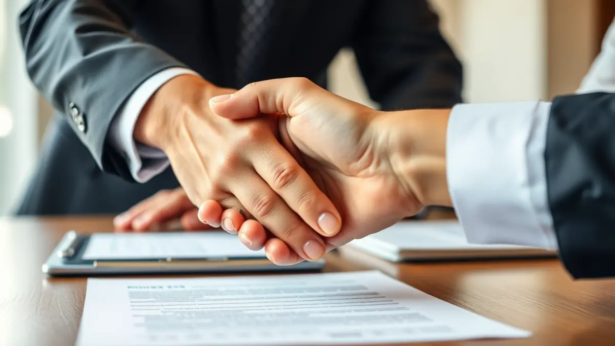 Generic image of two hands shaking over a desk, symbolizing a collaboration agreement.