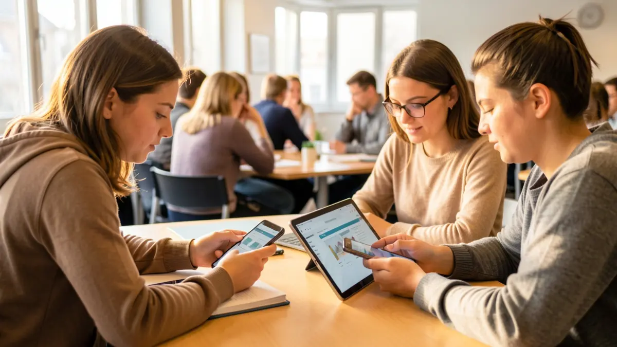 Generic image of students using smartphones and a tablet in a modern classroom.