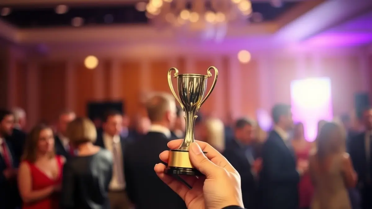 Generic image of an awards ceremony, with a trophy in a hand.