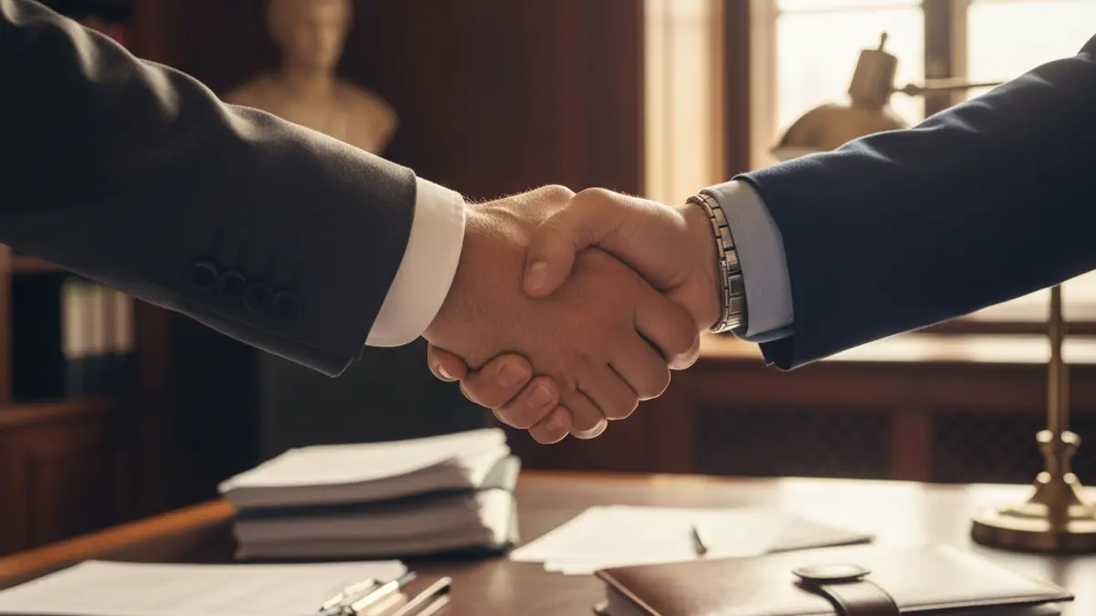 Generic image of two hands shaking over a desk, representing new leadership in a business setting.