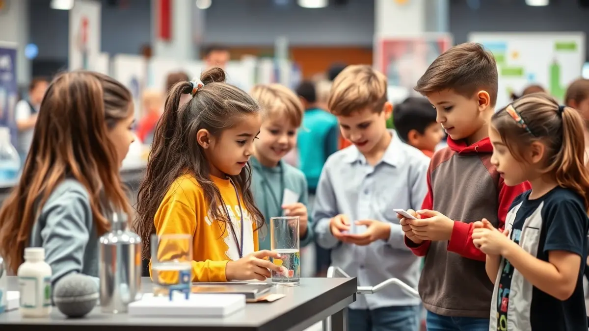 Generic image of young students presenting projects at a science fair.