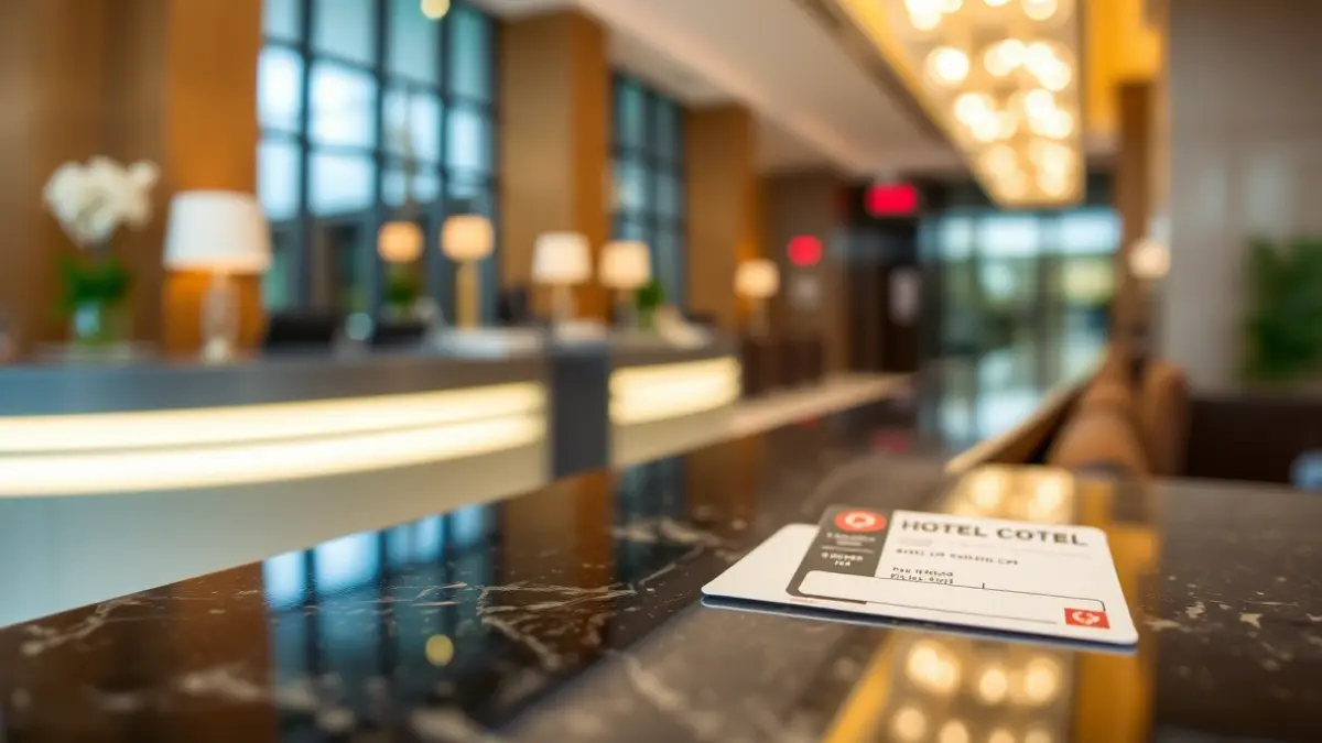 Generic image of a hotel key card on a reception desk in a modern hotel in Bilbao.