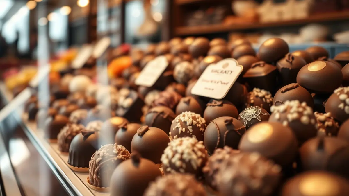 Generic image of a display case filled with artisanal chocolates and bonbons.