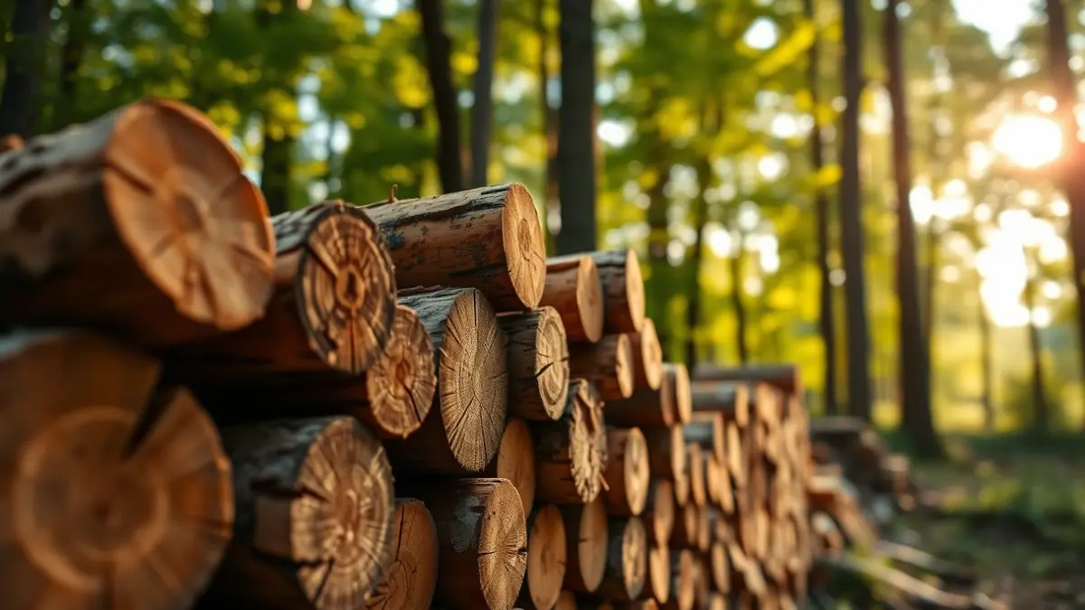 Generic image of sustainable forest management, with timber stacks and trees in the background.