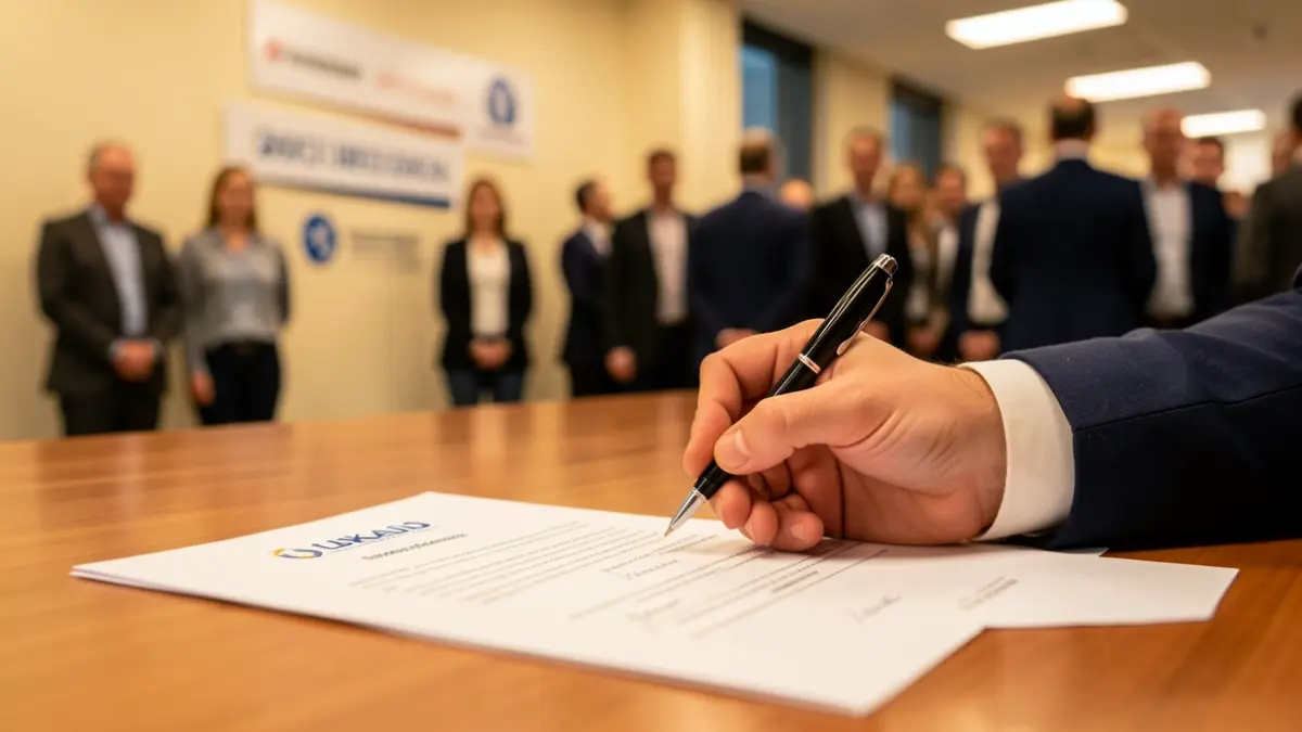 Imagen genérica: mano firmando un documento en un escritorio, con logos de asociaciones empresariales desenfocados al fondo.