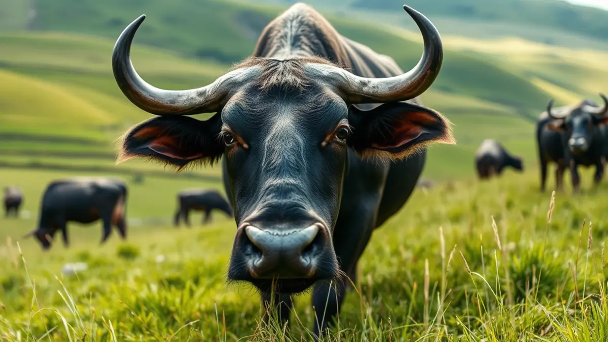 A water buffalo grazing in a field in Bizkaia.