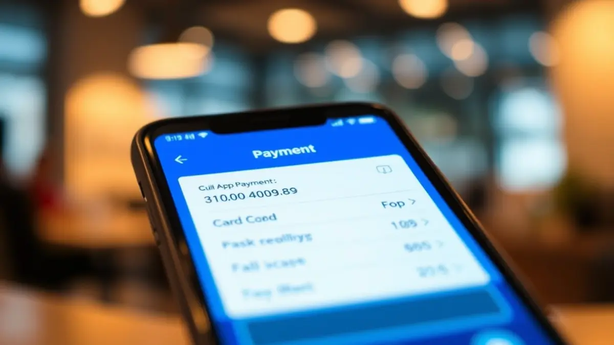 Generic image of a mobile phone with a payment app and a blurred credit card in the background.
