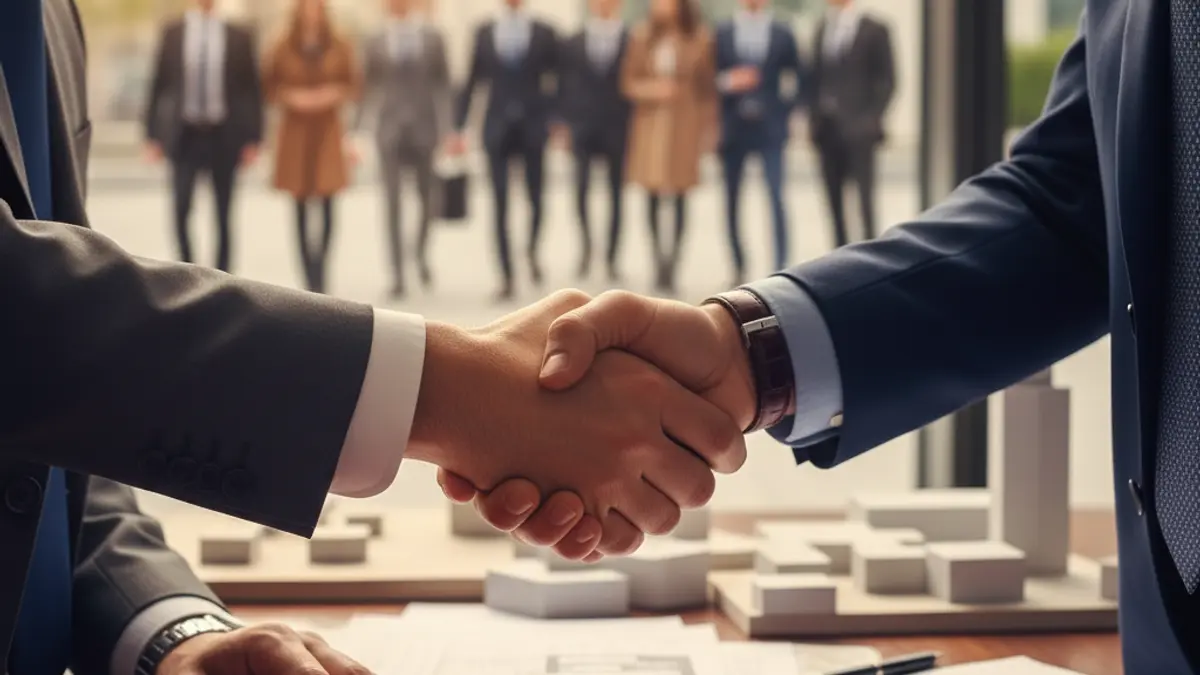 Generic image: Two hands in formal attire shaking over a desk with blurred paperwork in the background.