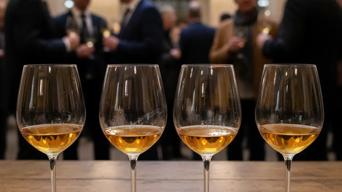 Imagen genérica de copas de vino en una cata, con personas interactuando al fondo.