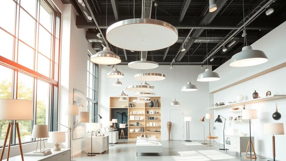 Image of a modern architectural lighting showroom with natural light.