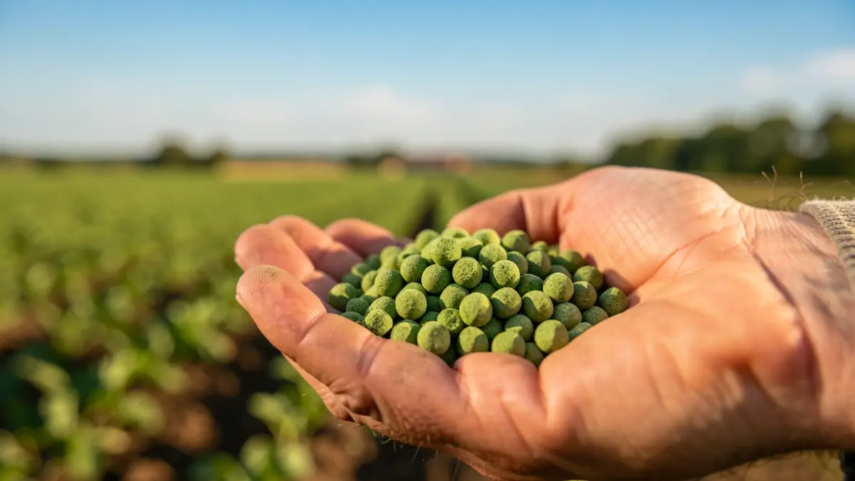Close-up of green fertilizer pellets in a farmer's hand, with blurred agricultural fields and a blue sky in the background.