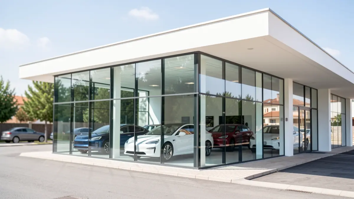 Imagen genérica de un concesionario moderno de coches eléctricos en las afueras de Madrid.