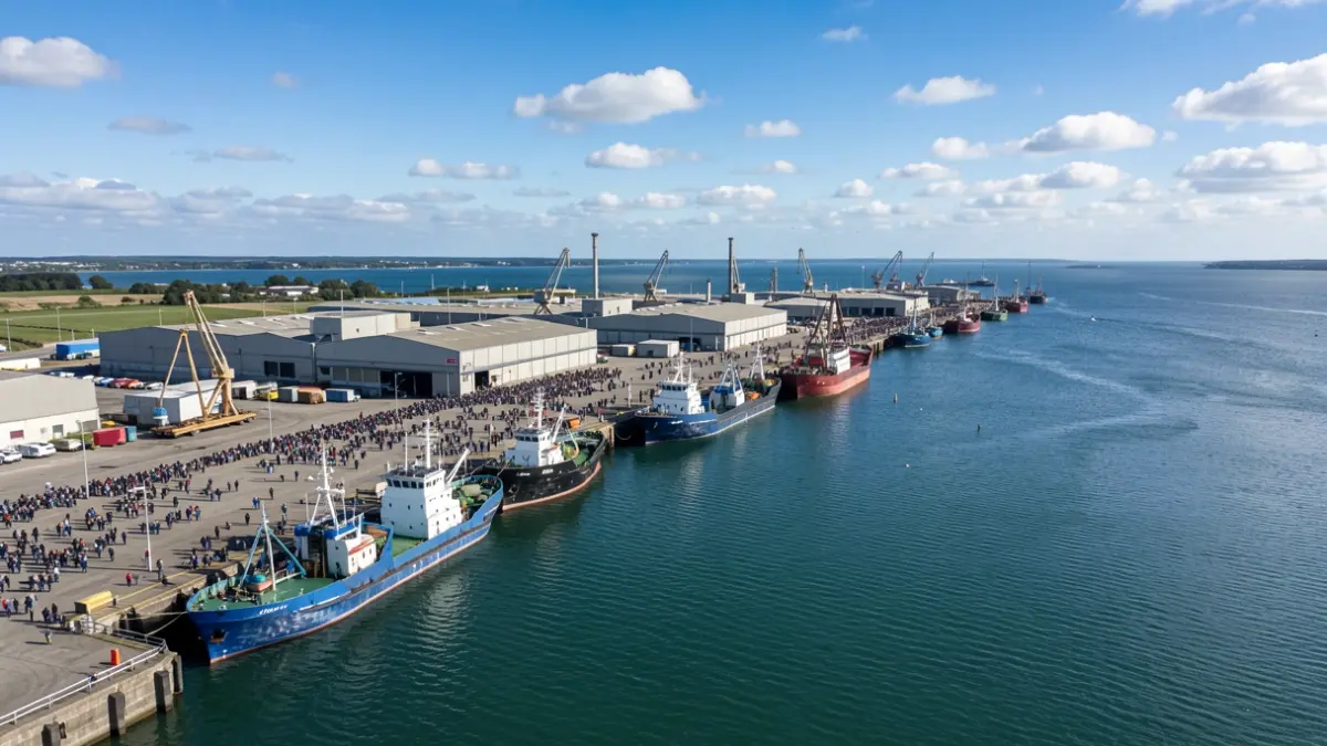 Vista aérea de un puerto industrial con barcos de pesca y plantas de procesamiento.